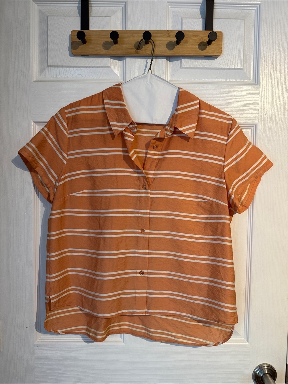 Cabi Striped Button-Front Short Sleeve Shirt in Sherbeet and Cream